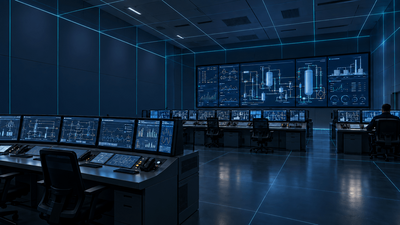 Control room of a critical infrastructure facility with workstations and a large monitor wall