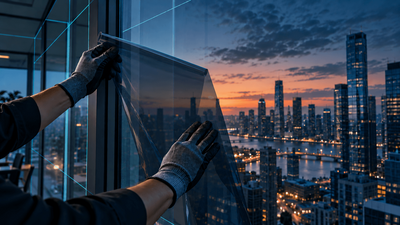 Gloved hands applying a transparent shielding film to a window pane, view of the city at dusk