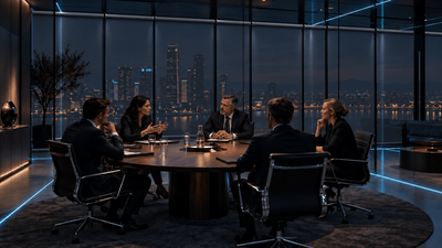 Meeting at a round table in a glazed conference room overlooking the night-time skyline