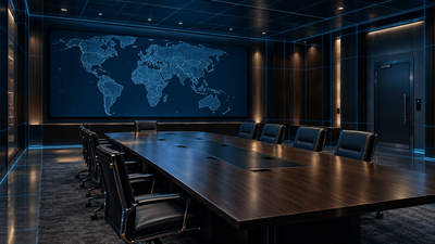Darkened conference room with a long meeting table and a world map on the wall