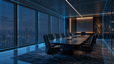 Empty conference room with a glass front and a view of the city at night