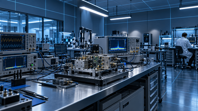 Electronics laboratory with measuring instruments and test setups in research and development