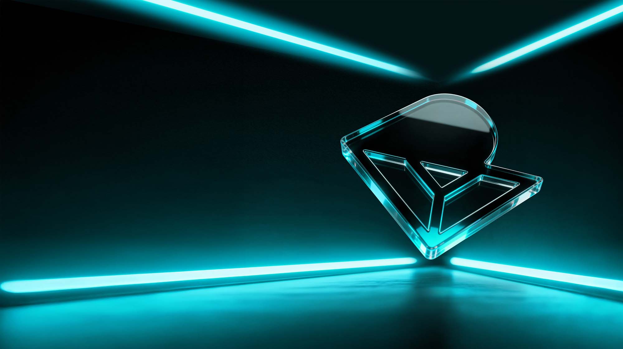 Turquoise-lit glass RHODESHIELD symbol in a dark room