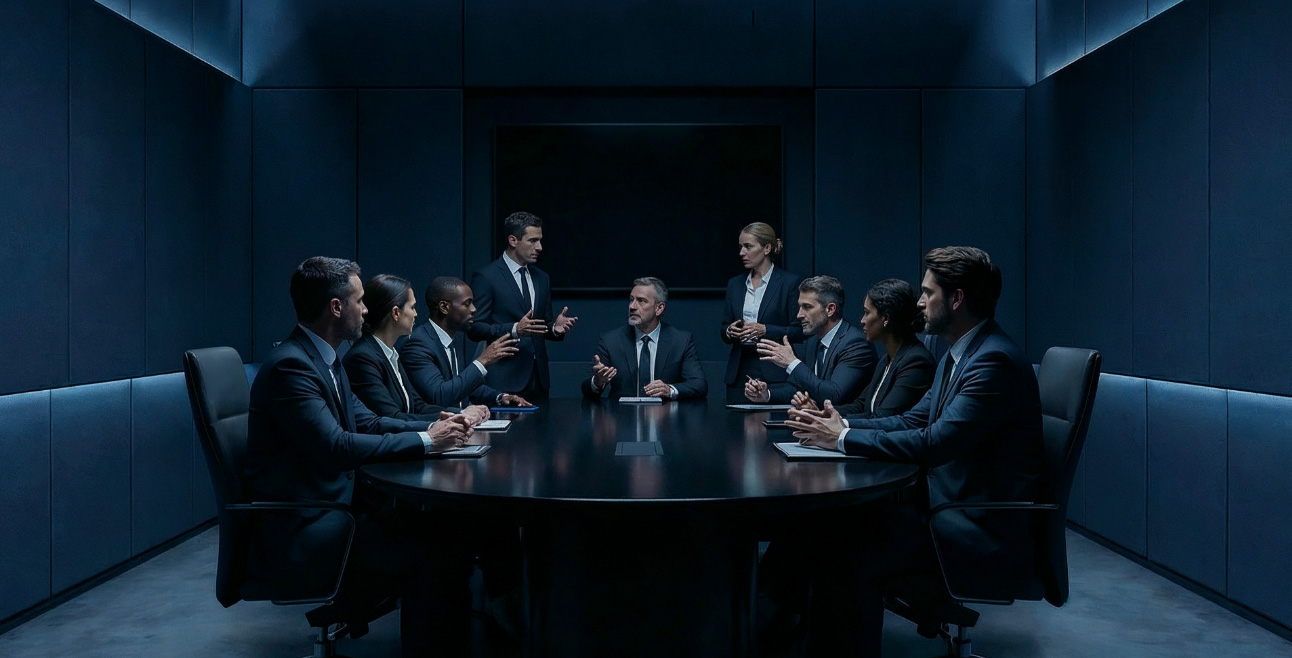Business meeting at a round table in a dark conference room